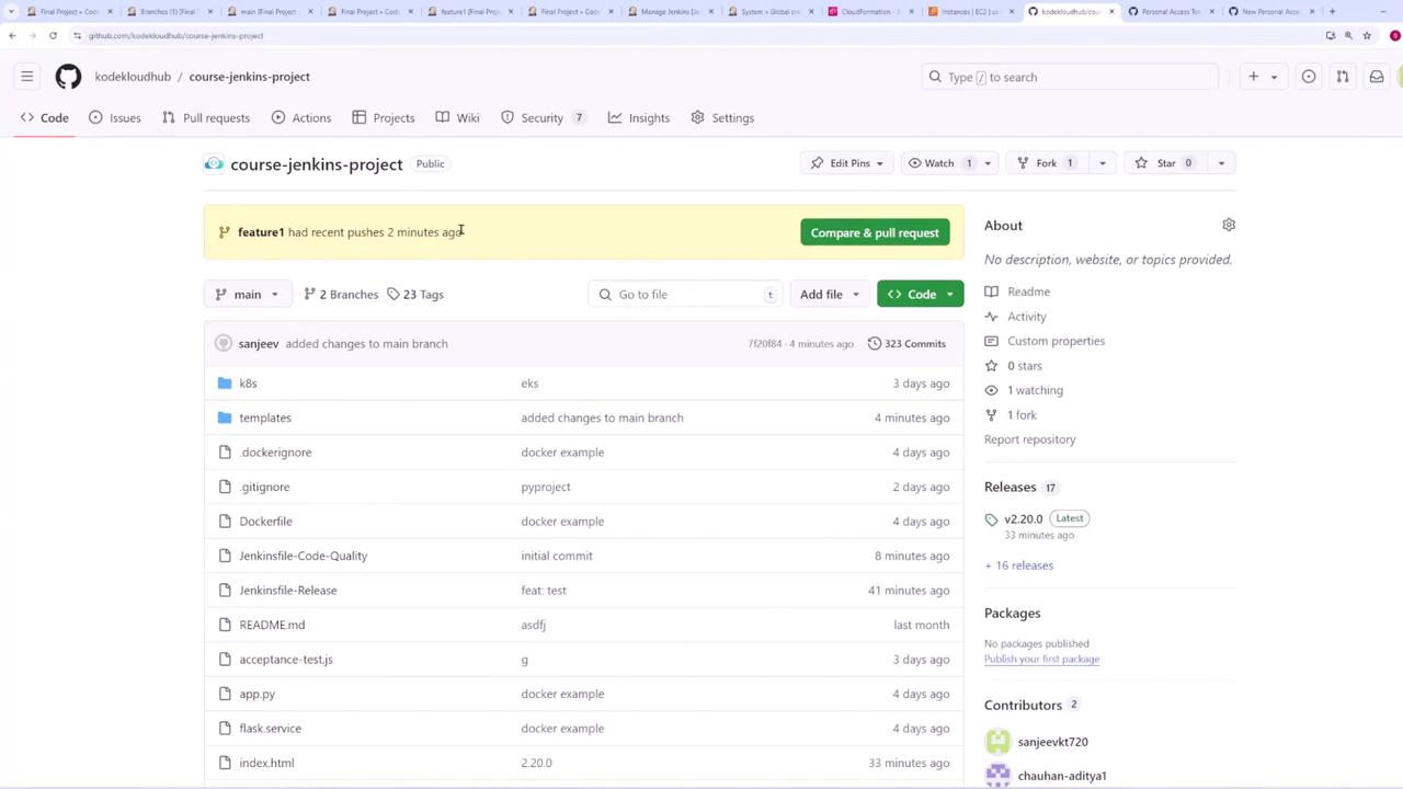 The image shows a GitHub repository page for a project named "course-jenkins-project," displaying files, branches, and recent commits. It includes options for code management and a notification about recent pushes to a branch.