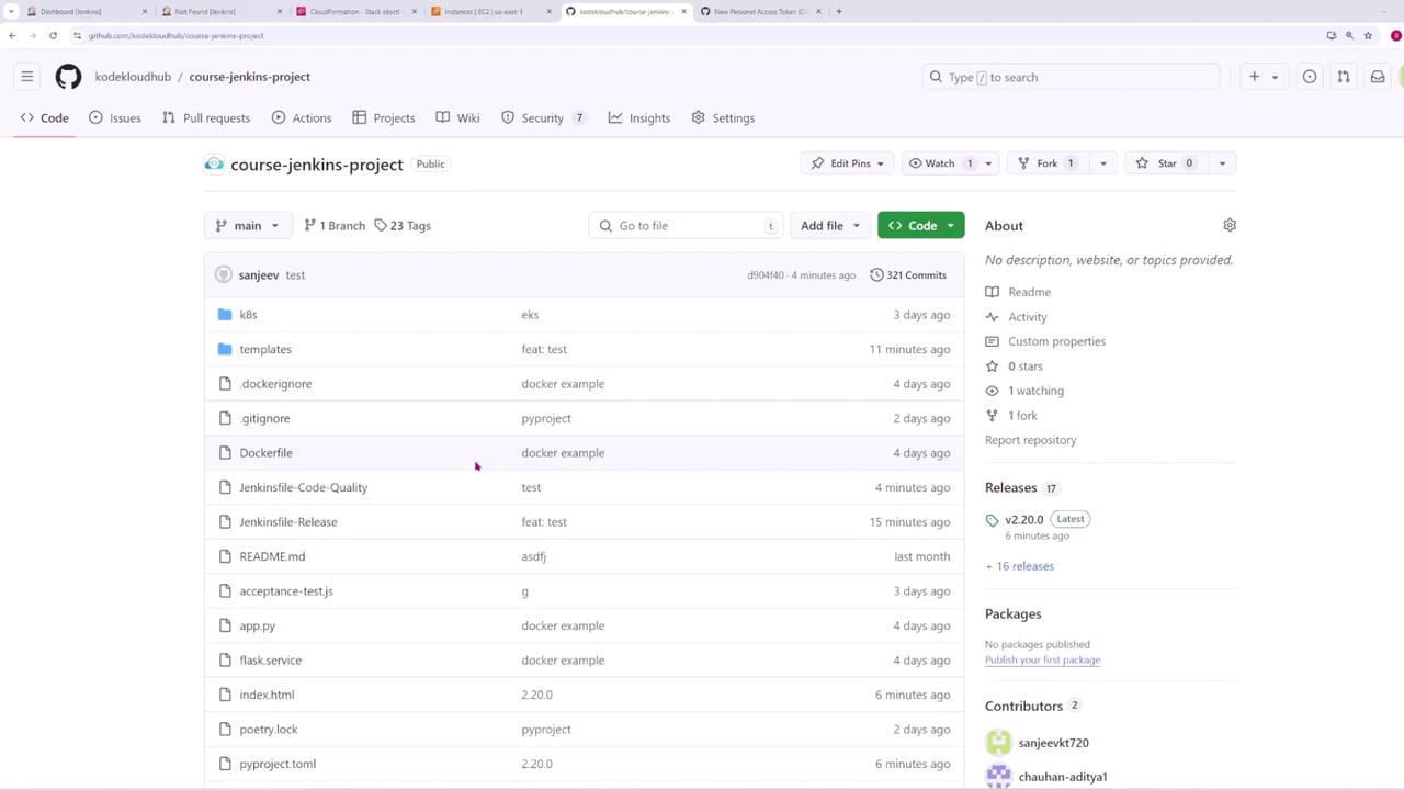 The image shows a GitHub repository page for a project named "course-jenkins-project," displaying a list of files and folders along with commit details. The repository is public and includes information about branches, tags, and contributors.