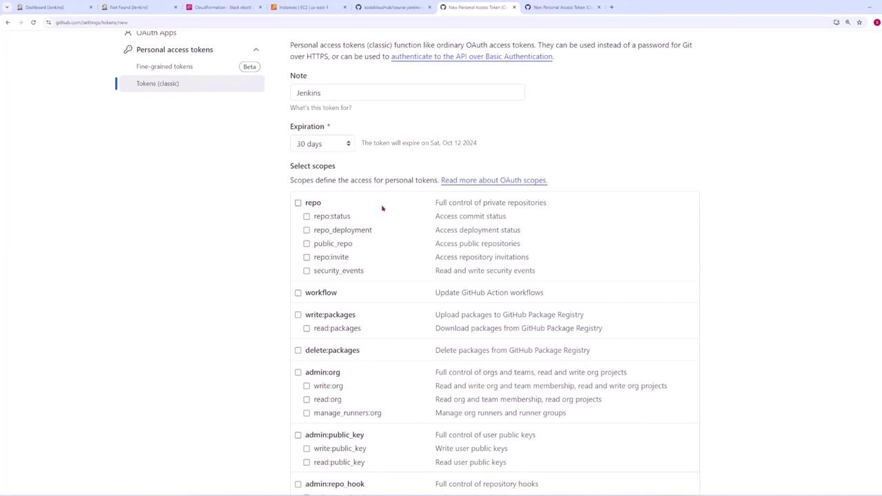 The image shows a GitHub settings page for creating a new personal access token, with options to select various scopes for access permissions.