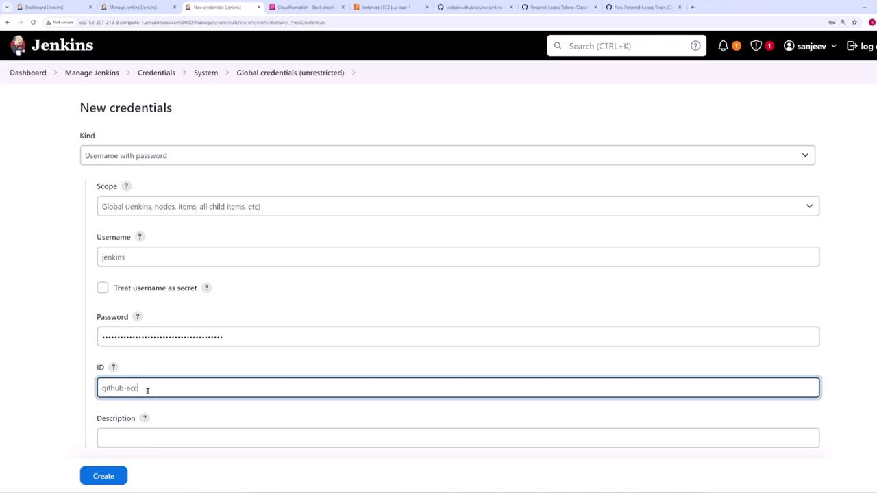 The image shows a Jenkins interface where new credentials are being added, including fields for username, password, and ID. The "Create" button is visible at the bottom.