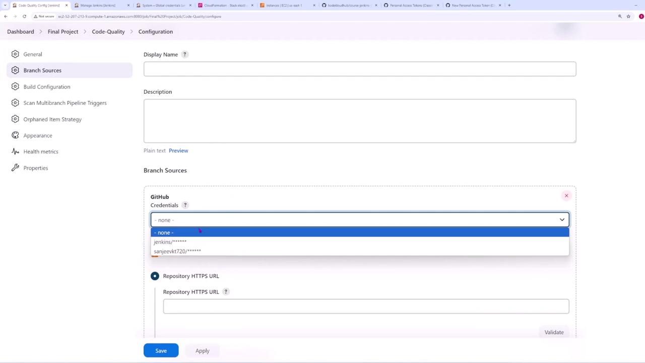 The image shows a configuration page for a project in Jenkins, specifically focusing on the "Branch Sources" section where GitHub credentials are being selected from a dropdown menu.
