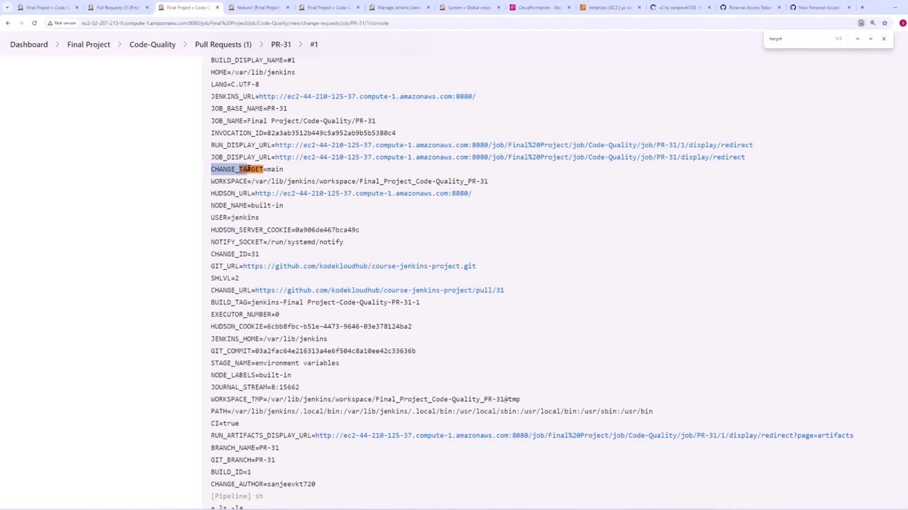 The image shows a Jenkins console output with various environment variables and URLs related to a project build. It includes details like job name, workspace path, and GitHub repository links.