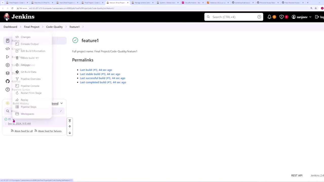 The image shows a Jenkins dashboard for a project named "feature1," displaying build information and permalinks for recent builds. A dropdown menu is open, showing various build and pipeline options.