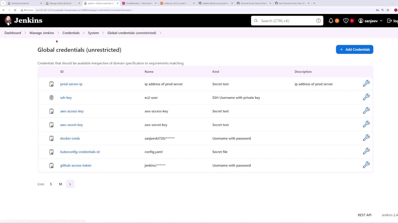 The image shows a Jenkins interface displaying a list of global credentials, including IDs, names, kinds, and descriptions for various secret texts, SSH keys, and usernames with passwords.