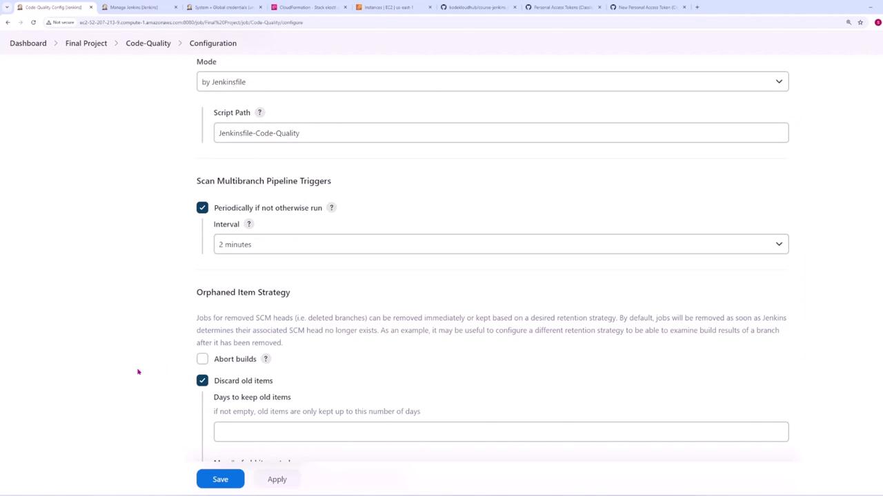 The image shows a Jenkins configuration page for a project, detailing settings for multibranch pipeline triggers and orphaned item strategy.