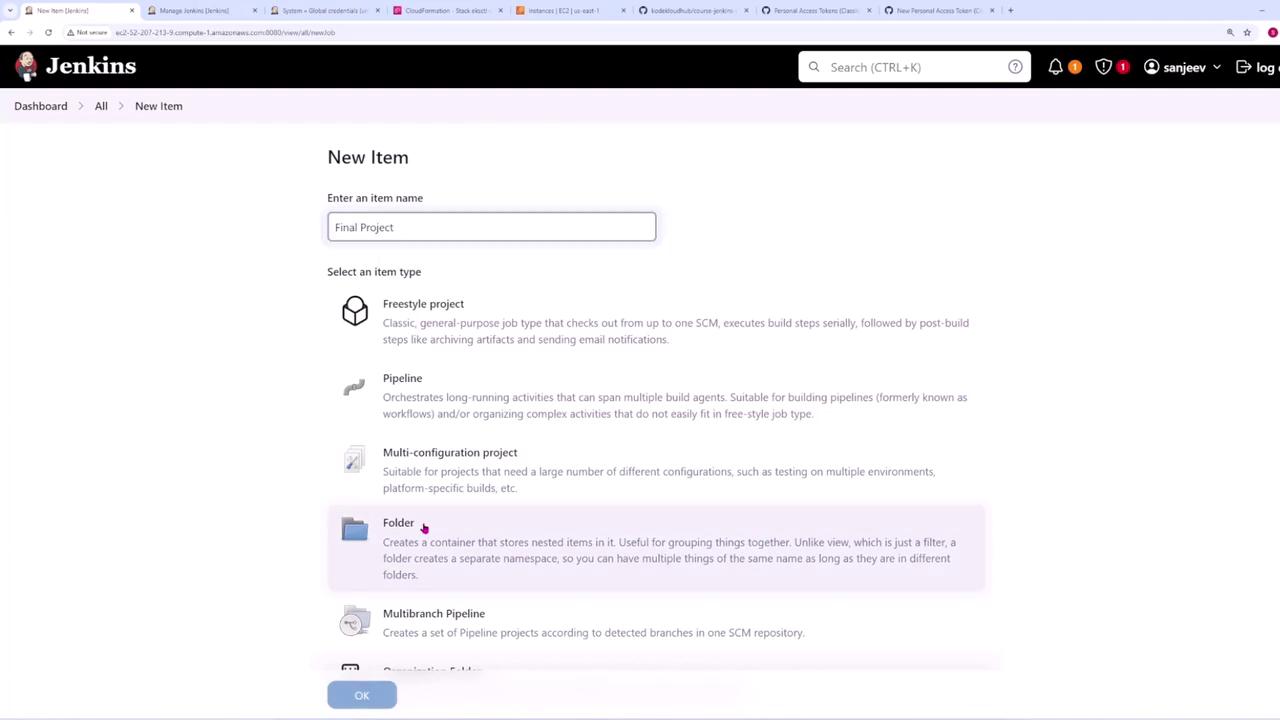 The image shows a Jenkins interface where a user is creating a new item named "Final Project." Various project types like Freestyle, Pipeline, and Multibranch Pipeline are listed as options.