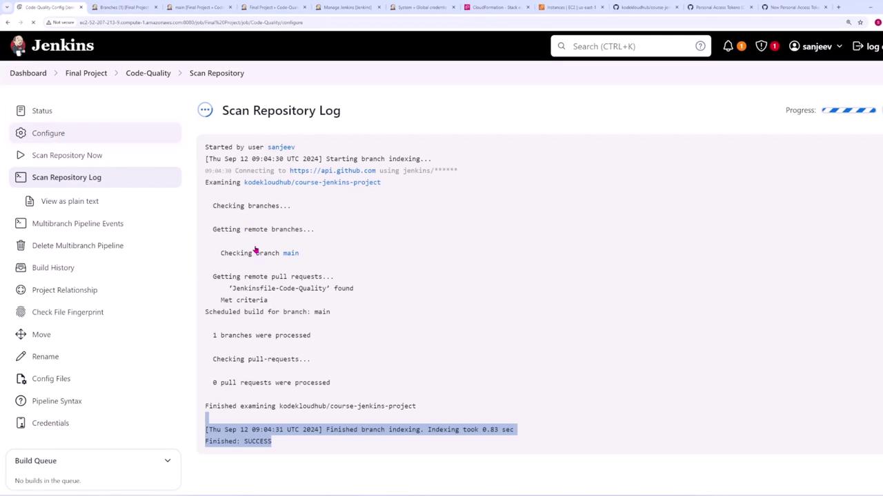 The image shows a Jenkins interface displaying a "Scan Repository Log" for a project, indicating successful branch indexing. The log details the process of checking branches and pull requests.