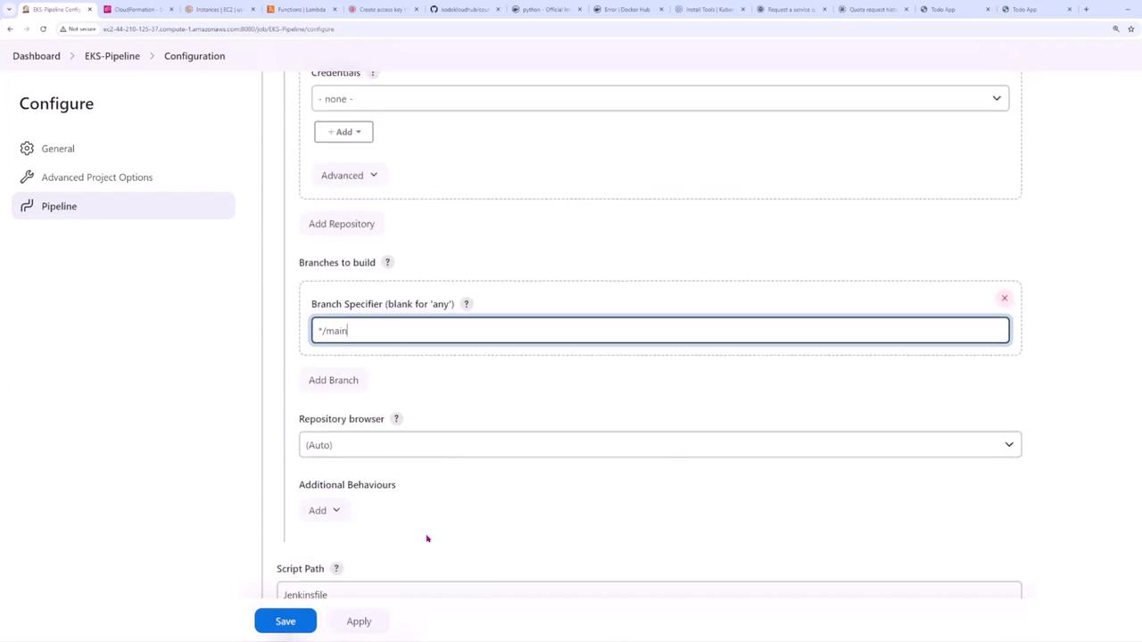 The image shows a configuration screen for a pipeline setup, with options to specify branches to build and other repository settings. The branch specifier is set to "*/main".