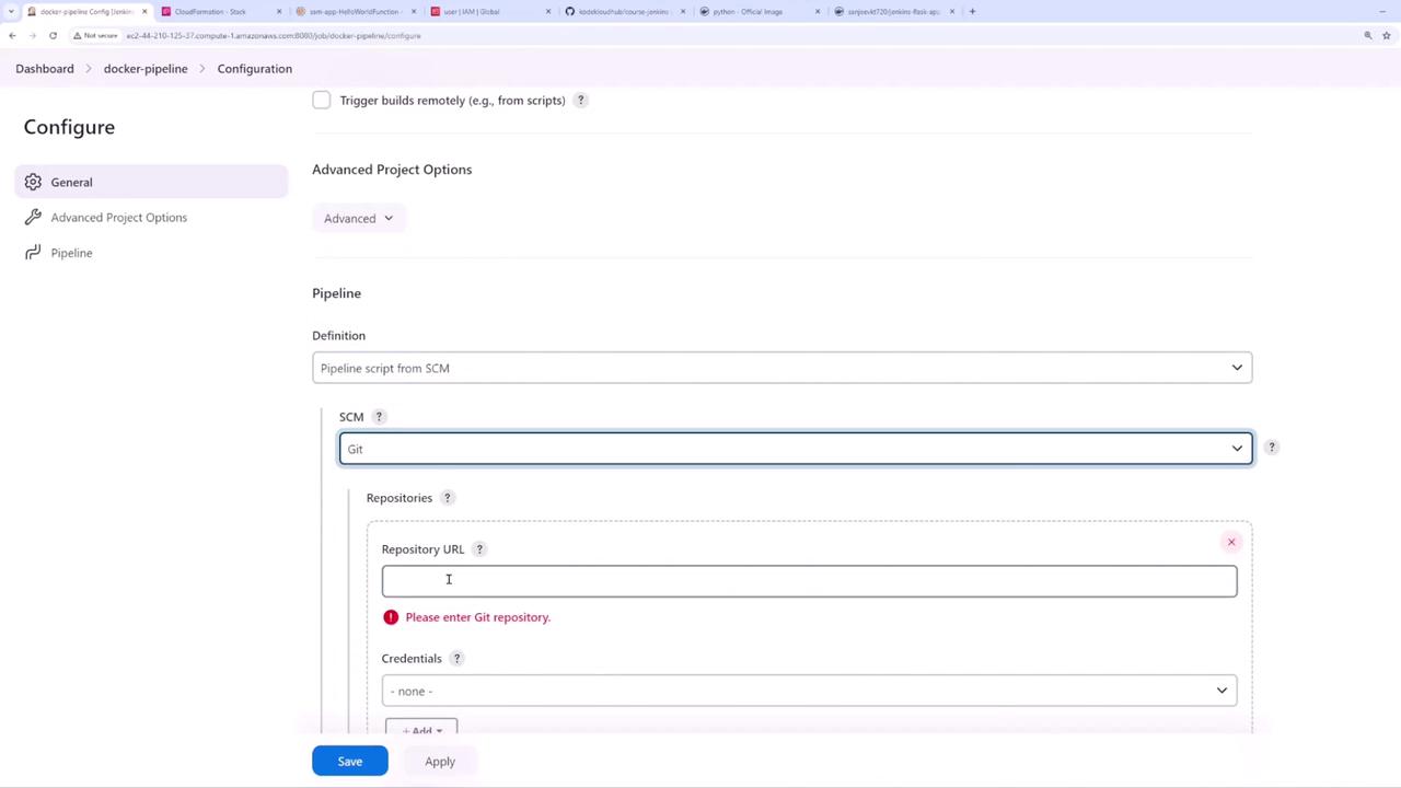 The image shows a configuration screen for setting up a Docker pipeline, with options to define a pipeline script from SCM using Git, and a prompt to enter a Git repository URL.