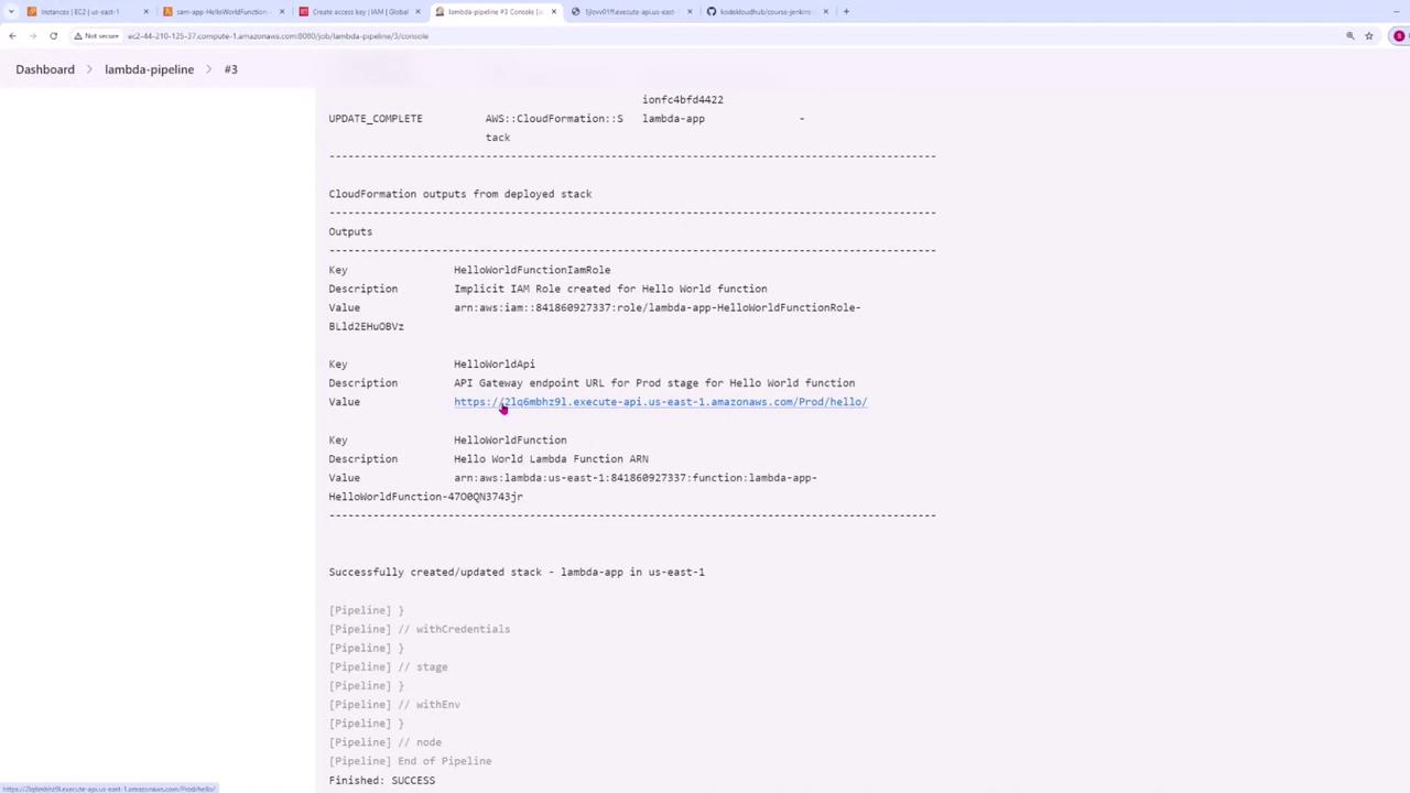 The image shows a screenshot of an AWS CloudFormation console output, detailing the deployment of a stack named "lambda-app" with information about IAM roles, API Gateway endpoint, and Lambda function ARN.