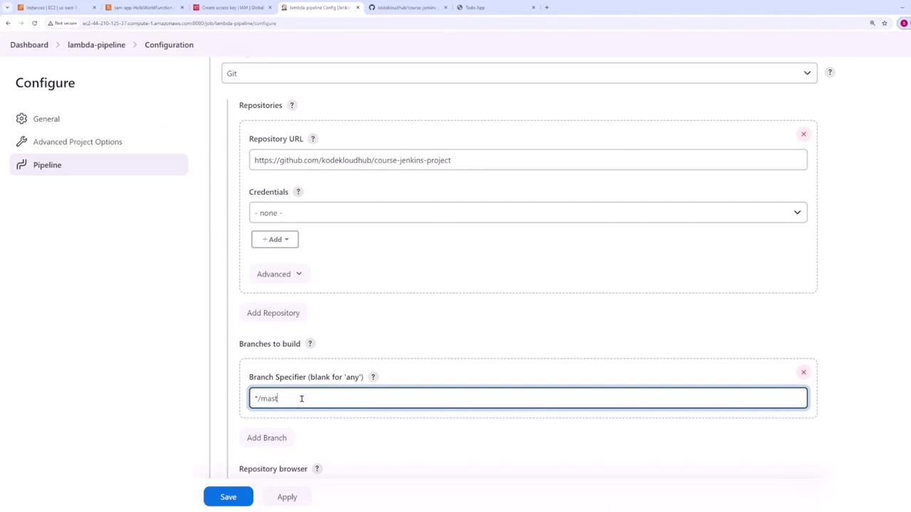 The image shows a configuration screen for setting up a Git repository in a pipeline, with fields for repository URL, credentials, and branch specification. The URL points to a GitHub repository, and the branch specified is "master".