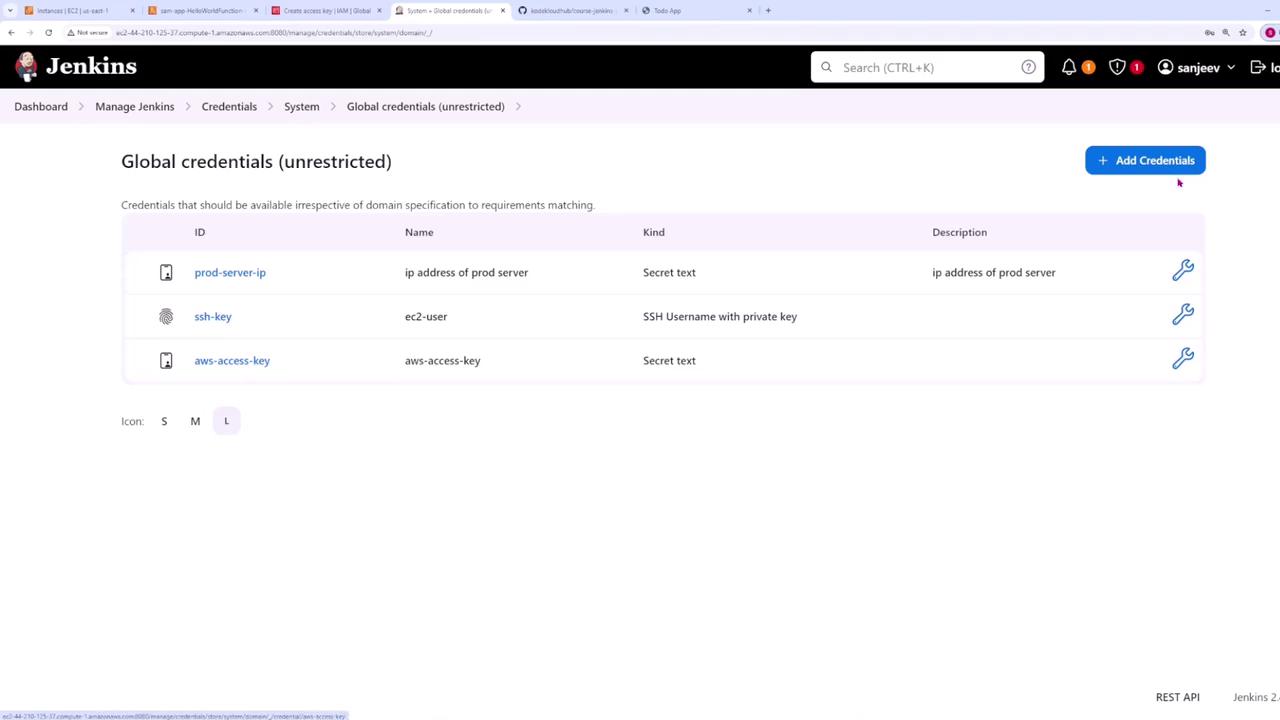 The image shows a Jenkins interface displaying a list of global credentials, including a production server IP, SSH key, and AWS access key, with options to add or edit credentials.