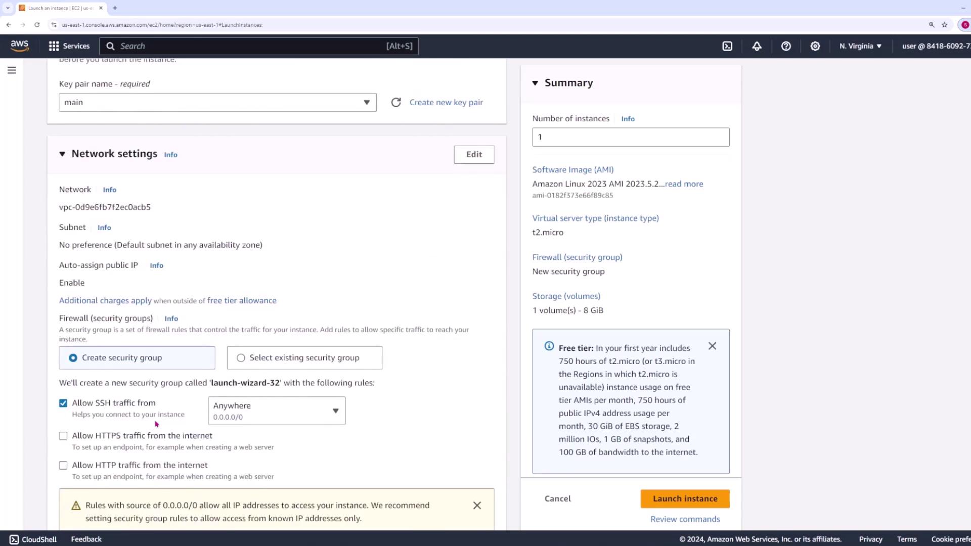 The image shows an AWS EC2 instance launch configuration screen, detailing network settings and a summary of the instance specifications.