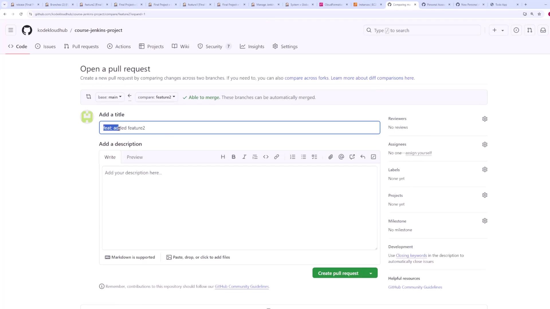 The image shows a GitHub interface for creating a pull request, with fields for adding a title and description, and options for reviewers, assignees, labels, and projects.