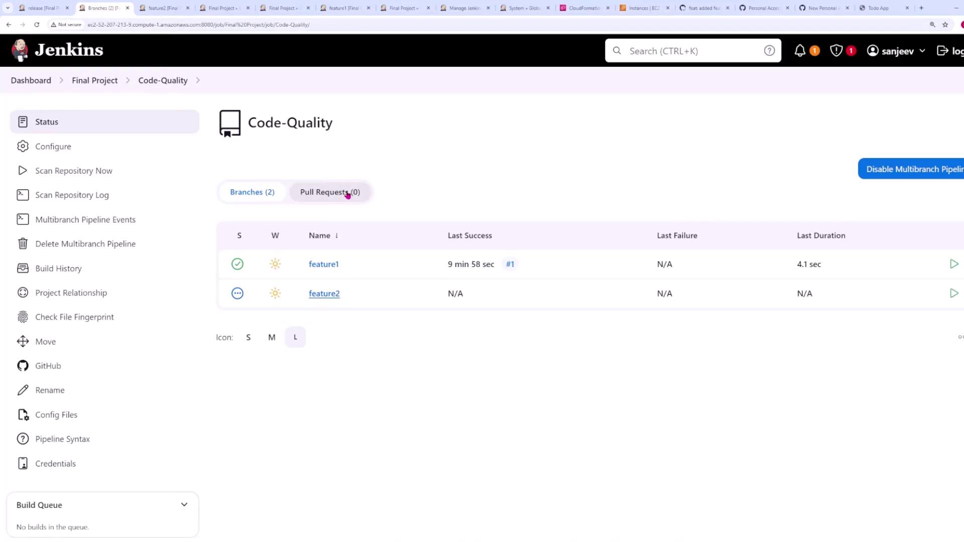 The image shows a Jenkins dashboard for a project named "Code-Quality," displaying the status of two branches, "feature1" and "feature2," with details on their last success and duration.