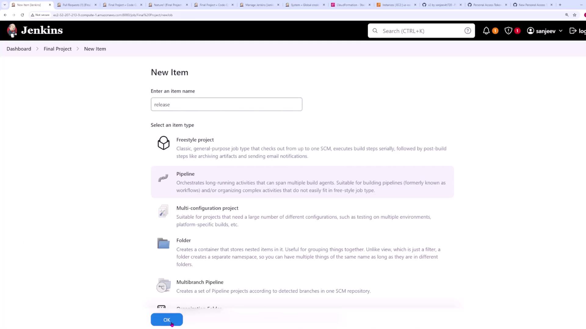 The image shows a Jenkins interface for creating a new item, with options to select different project types such as Freestyle project, Pipeline, and Multibranch Pipeline. The item name "release" is entered in the text box.