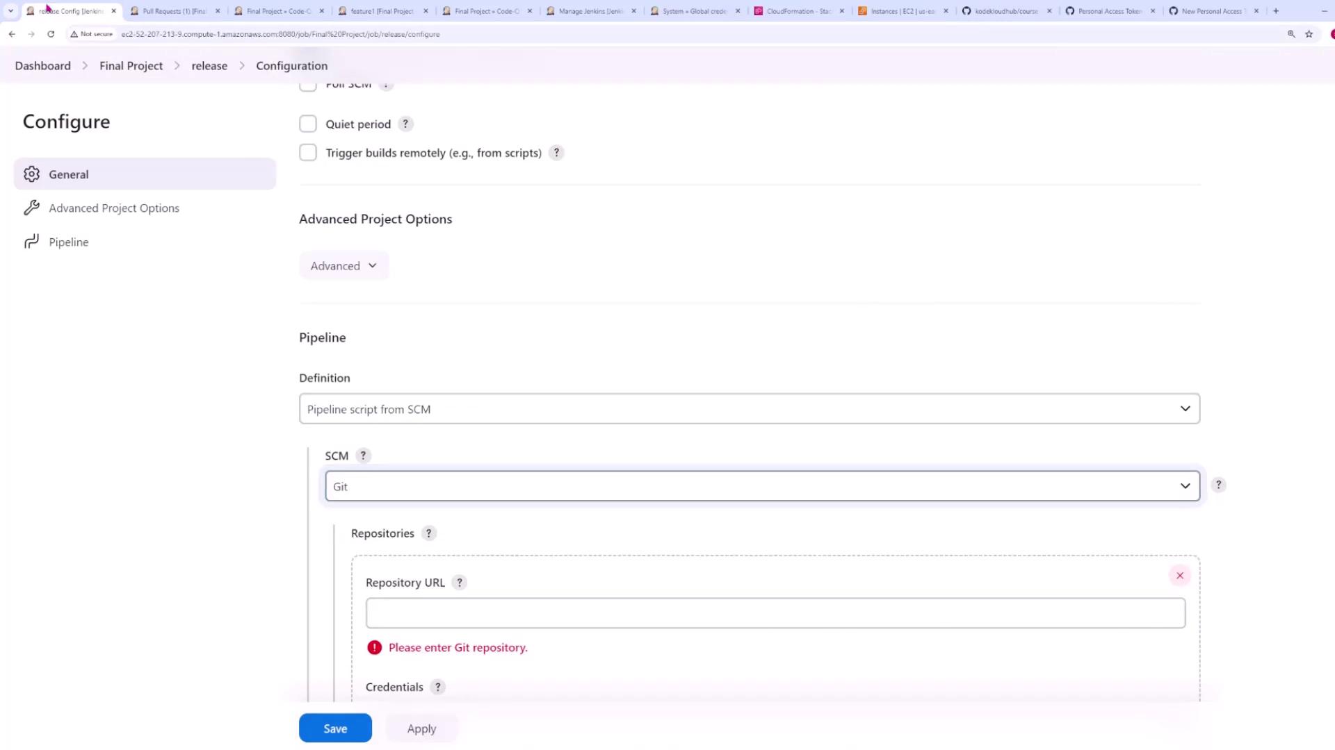 The image shows a Jenkins configuration page for setting up a pipeline, with options for defining the pipeline script from SCM and specifying a Git repository URL. There is a warning indicating that the Git repository URL is missing.