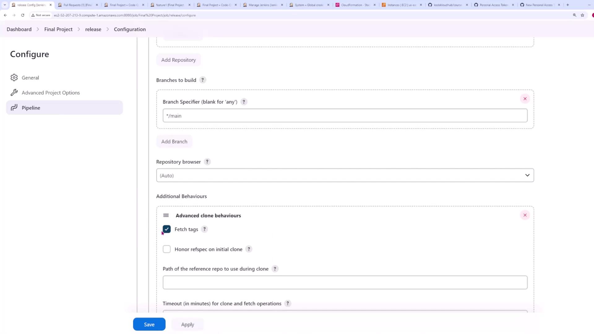 The image shows a configuration page for a Jenkins pipeline, where options for repository settings and branch specifications are being set. There are fields for branch specifier, repository browser, and additional behaviors like fetching tags.