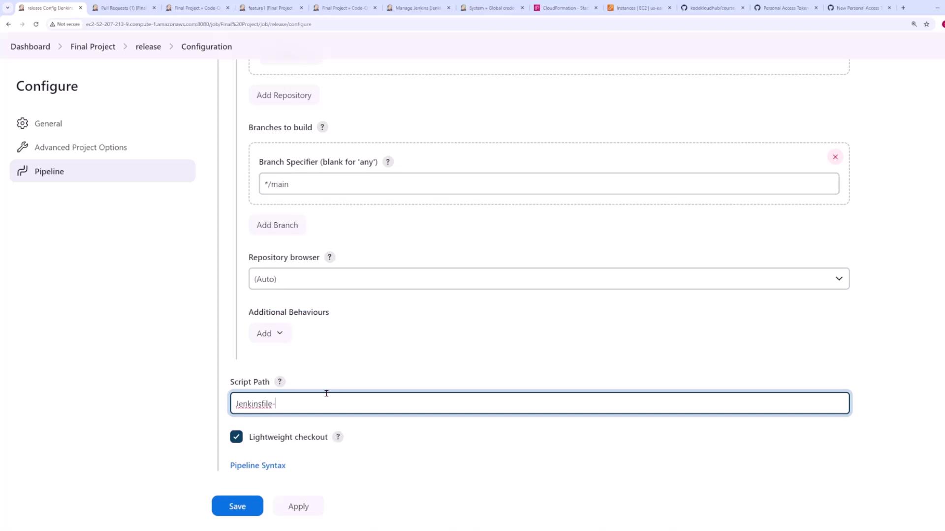 The image shows a Jenkins configuration screen for setting up a pipeline, with options to specify branches, repository browser, and script path. The script path is set to "Jenkinsfile" and there are buttons to save or apply the configuration.