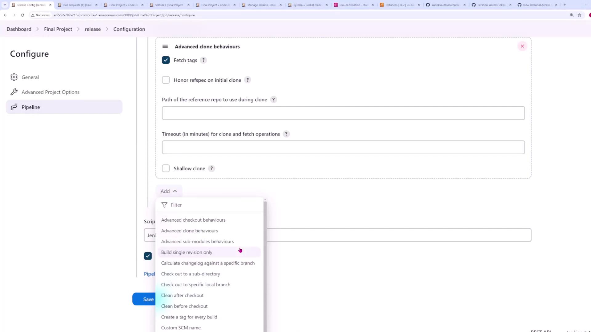 The image shows a Jenkins configuration screen for a project pipeline, with options for advanced clone behaviors and a dropdown menu for additional settings.