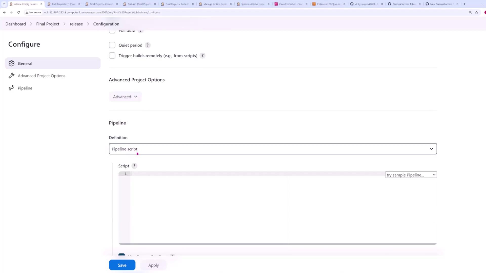 The image shows a configuration screen for setting up a pipeline script in a project, with options to save or apply changes.