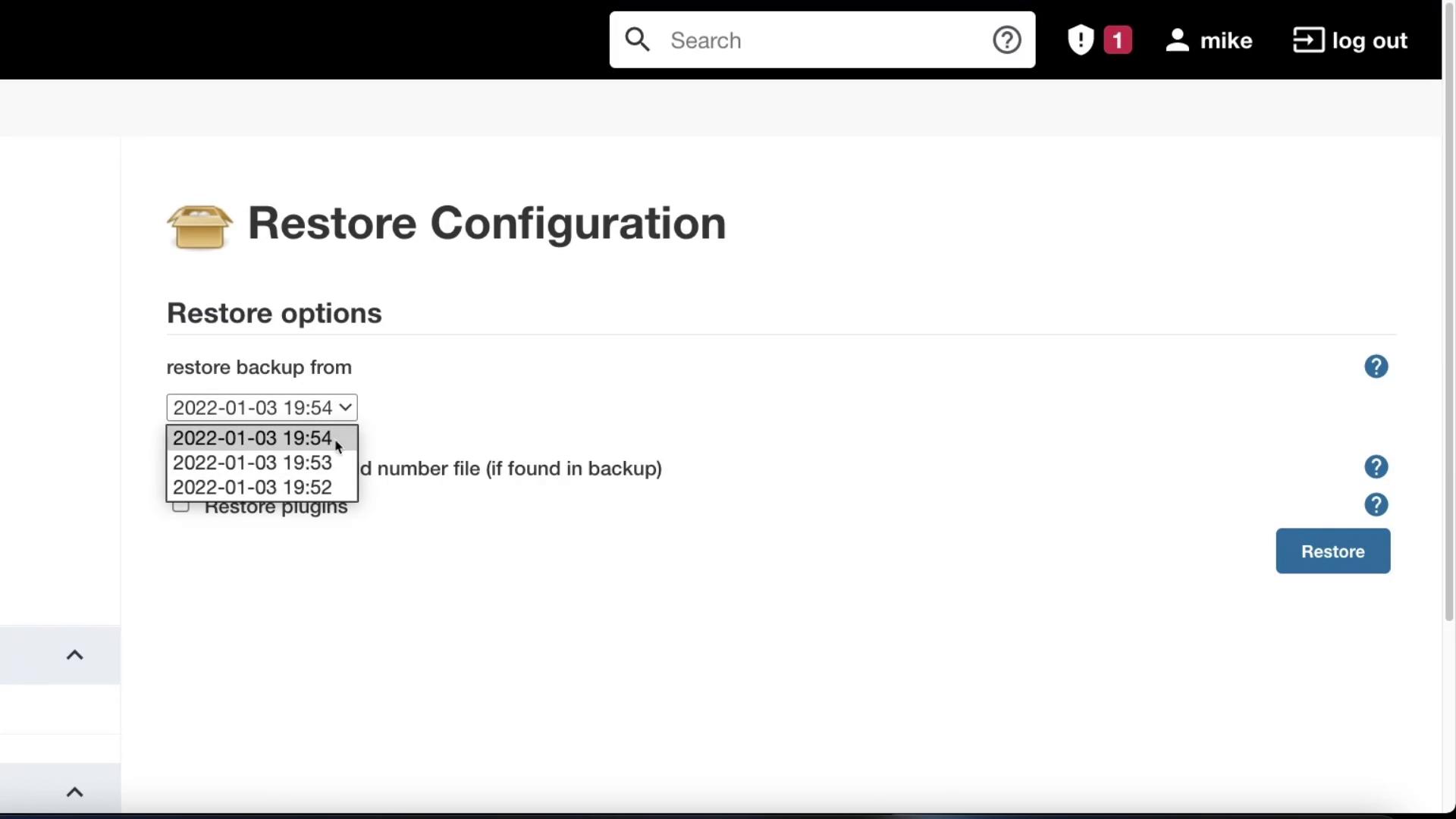 The image shows a "Restore Configuration" interface with options to select a backup date and time for restoration.