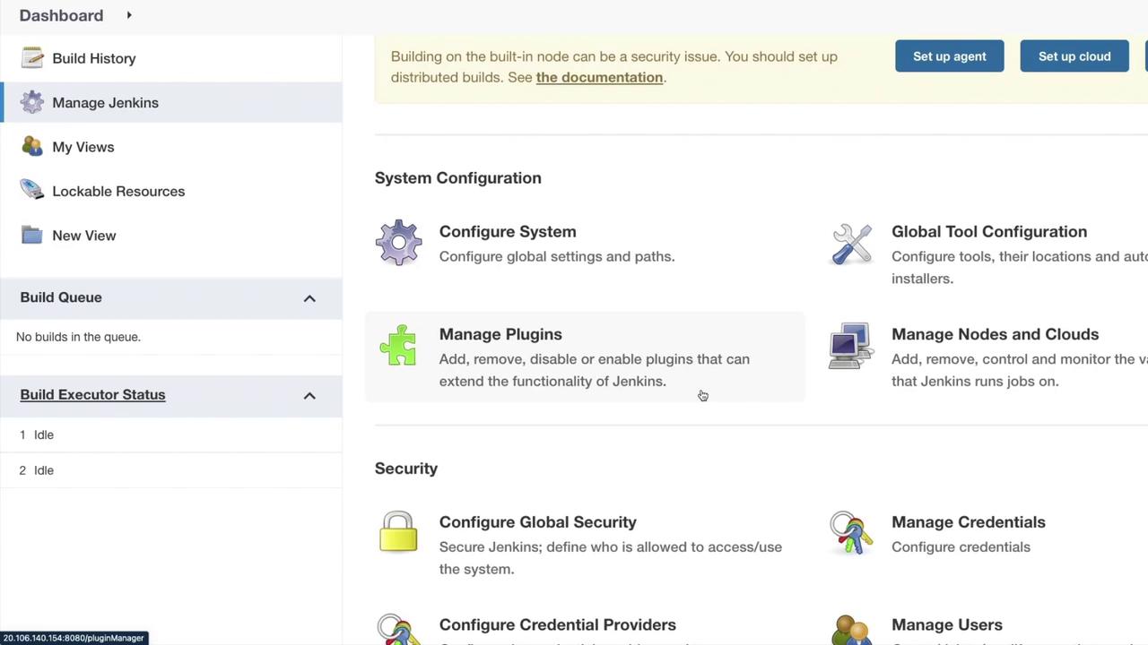 The image shows the Jenkins dashboard, highlighting options for managing plugins, system configuration, security settings, and build status.