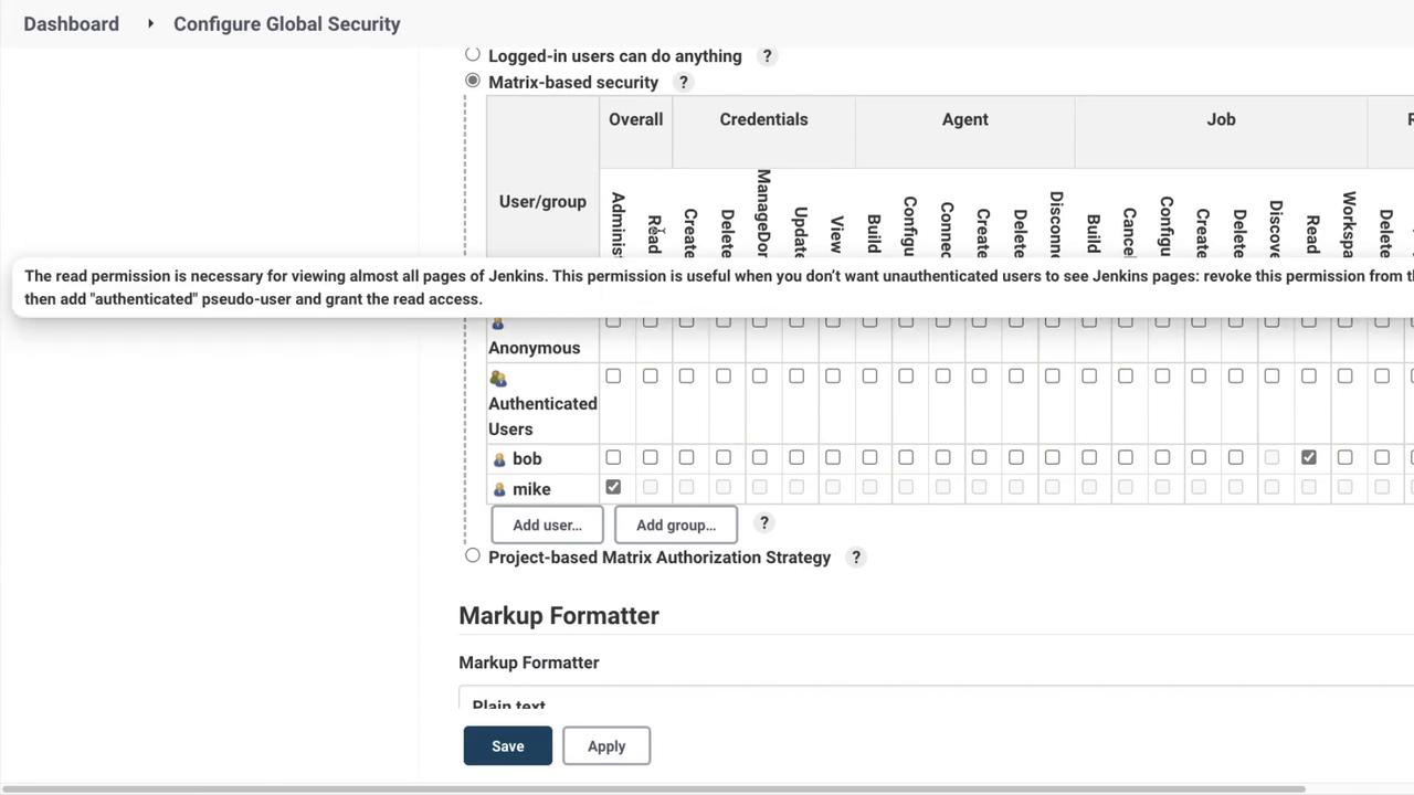 The image shows a Jenkins security configuration screen with matrix-based security settings, displaying user permissions for various actions, including read access for specific users.