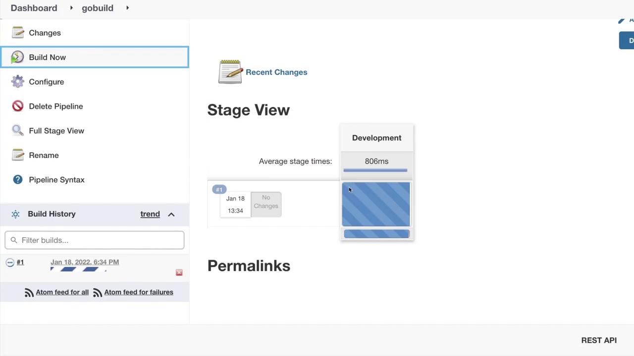 The image shows a Jenkins dashboard with options like "Build Now" and "Configure," displaying a stage view with development time and build history.