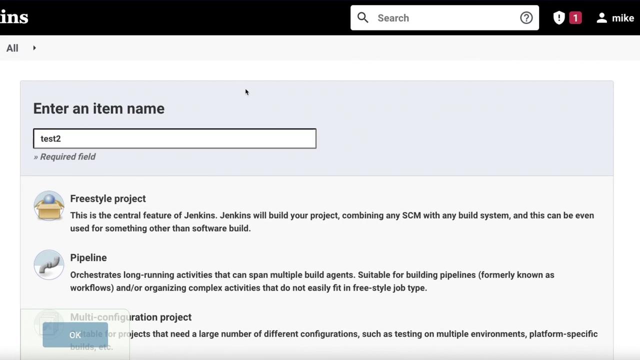 The image shows a Jenkins interface for creating a new project, with options like Freestyle project and Pipeline, and an item name field filled with "test2".