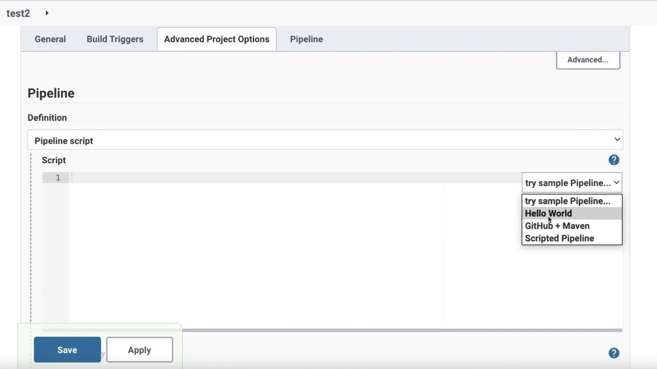 The image shows a software interface for configuring a pipeline script, with options like "Hello World" and "GitHub + Maven" in a dropdown menu.