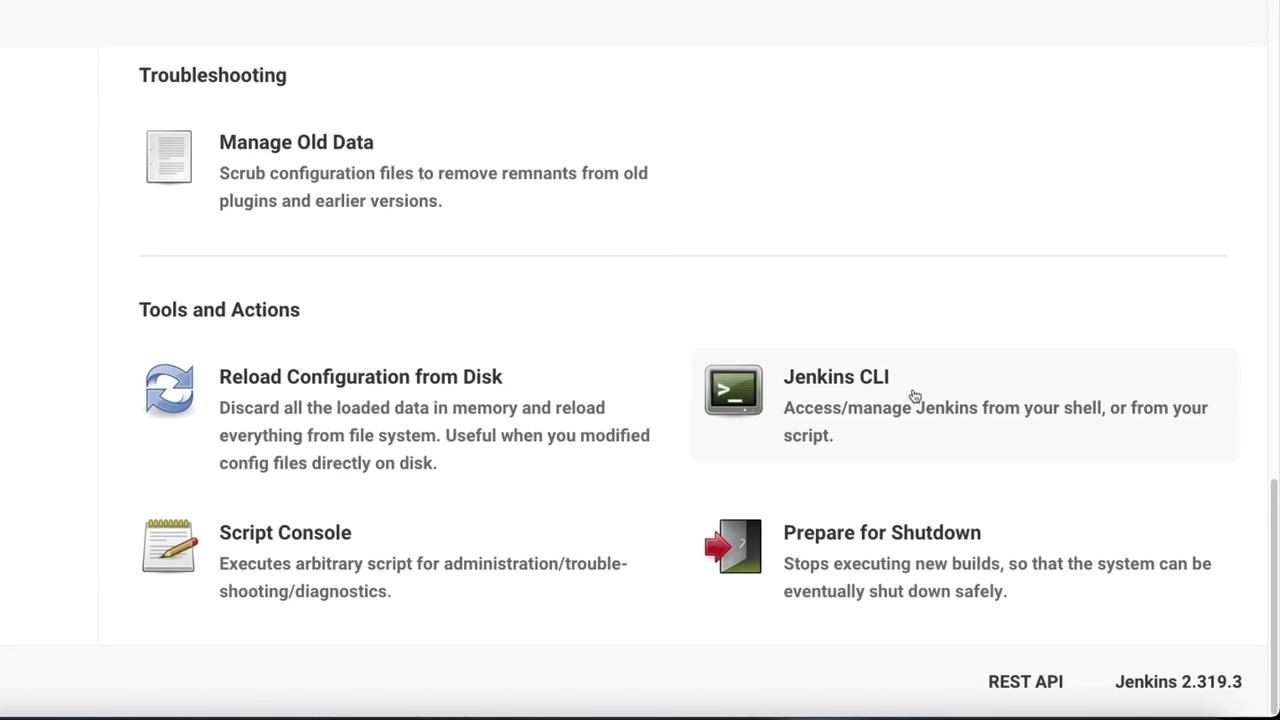The image shows a Jenkins interface with options for troubleshooting, tools, and actions, including managing old data, reloading configuration, using Jenkins CLI, and preparing for shutdown.