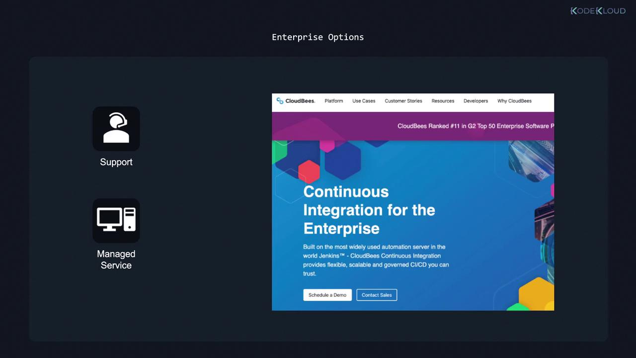 The image showcases CloudBees' enterprise options, highlighting support and managed services, with a focus on continuous integration for enterprises using Jenkins.