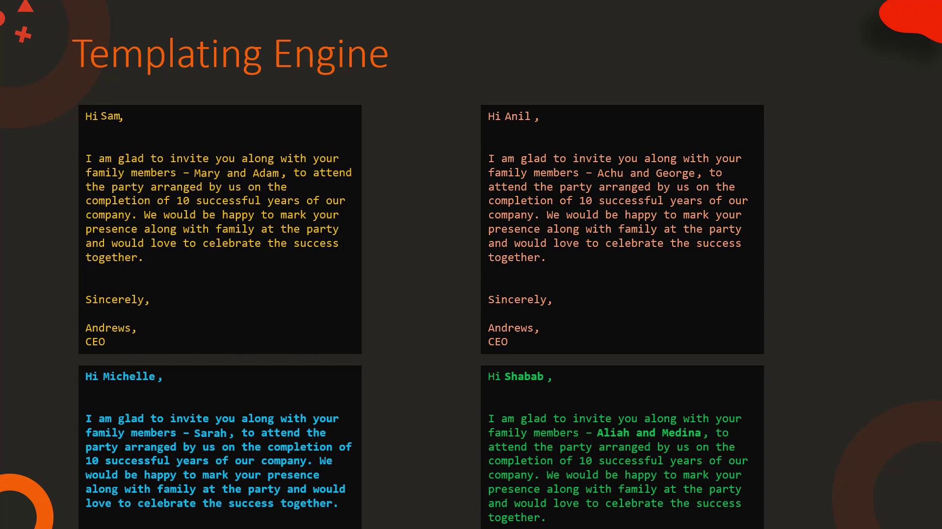 Templating engine illustrating personalized invitation letters.