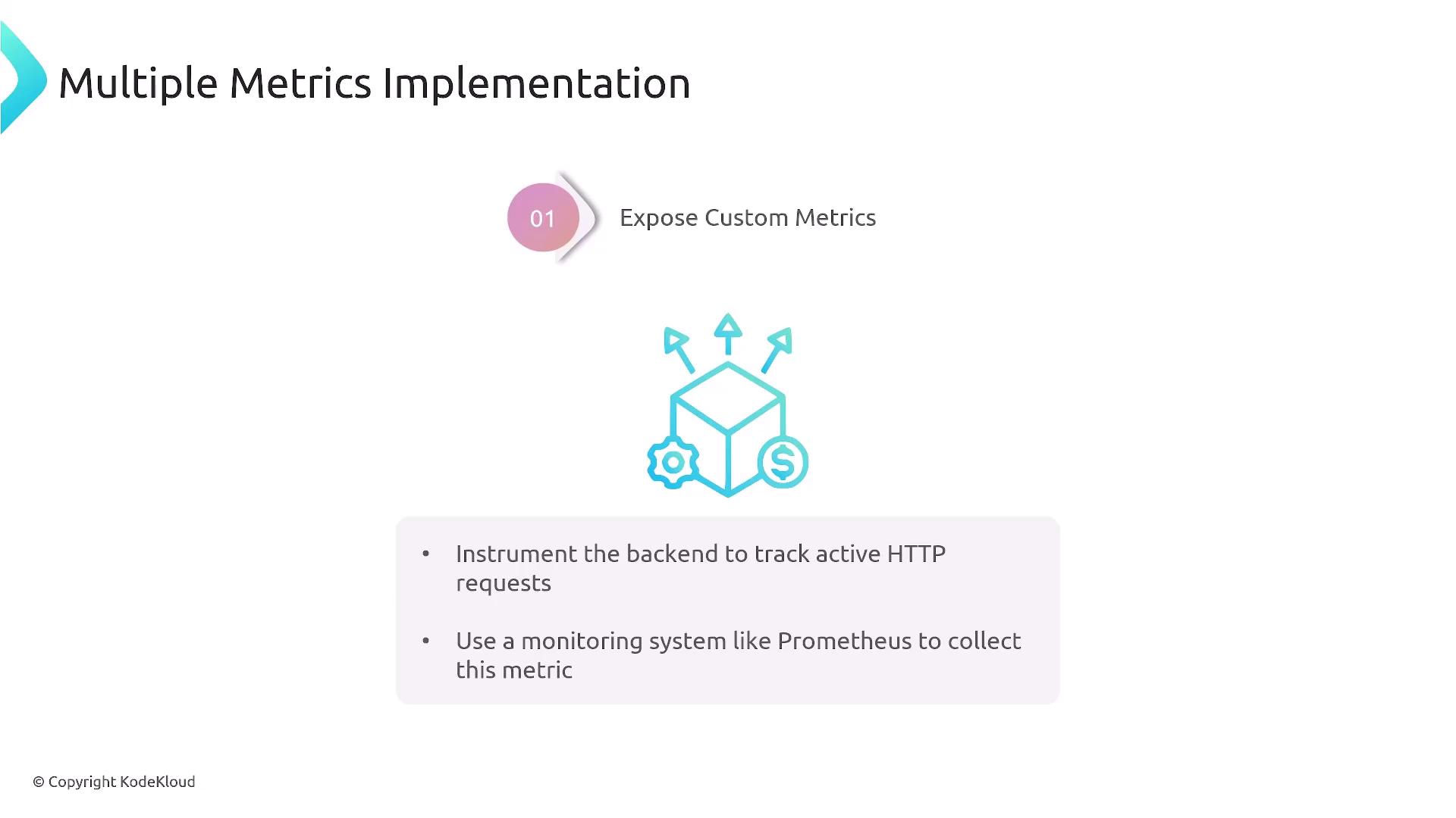 The image is a slide titled "Multiple Metrics Implementation" with a focus on exposing custom metrics. It suggests instrumenting the backend to track active HTTP requests and using a monitoring system like Prometheus to collect these metrics.