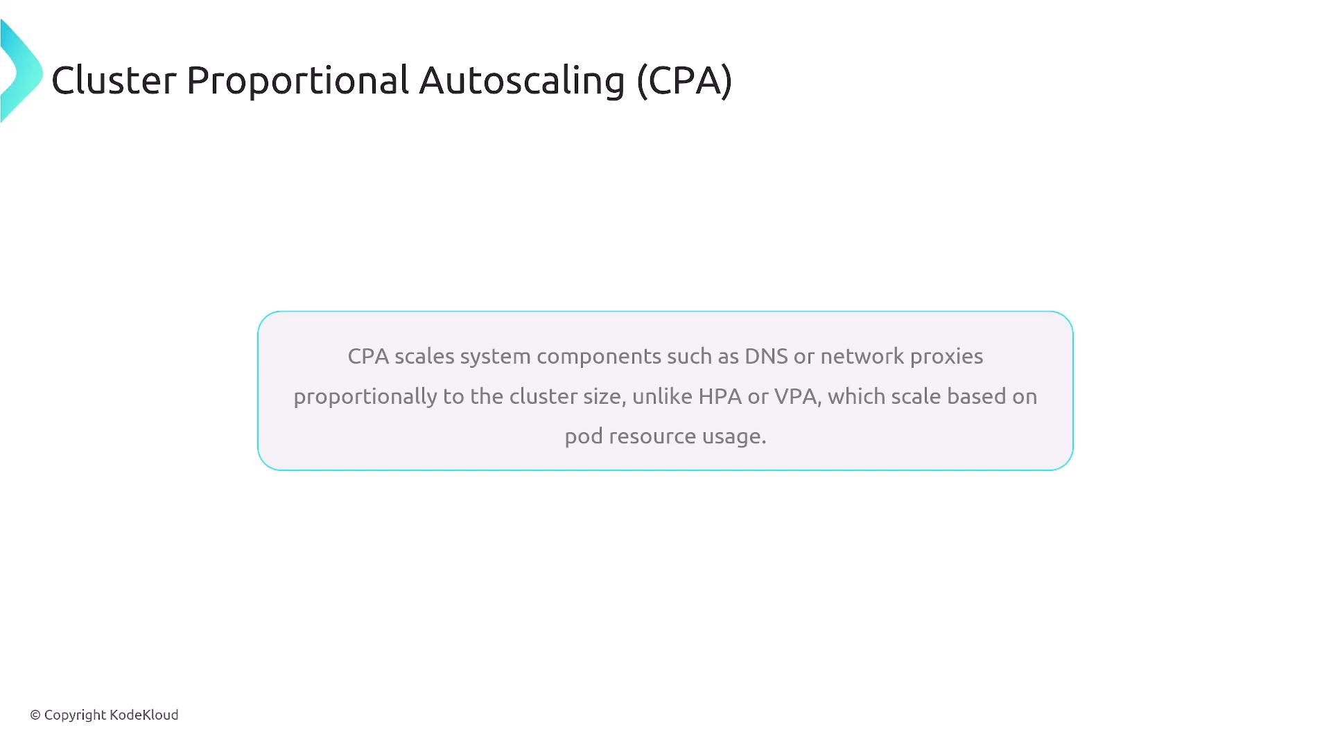 The image explains Cluster Proportional Autoscaling (CPA), which scales system components like DNS or network proxies proportionally to cluster size, unlike HPA or VPA that scale based on pod resource usage.
