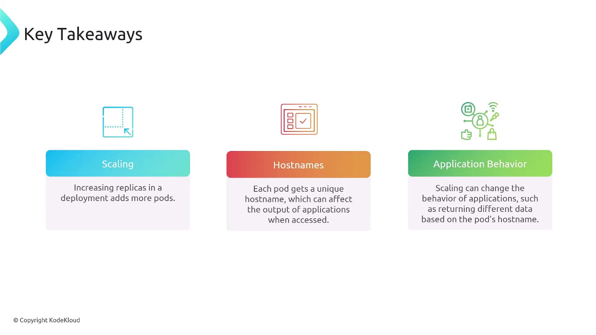 The image presents key takeaways about scaling, hostnames, and application behavior in deployments, highlighting how increasing replicas adds pods, each pod gets a unique hostname, and scaling can affect application behavior.