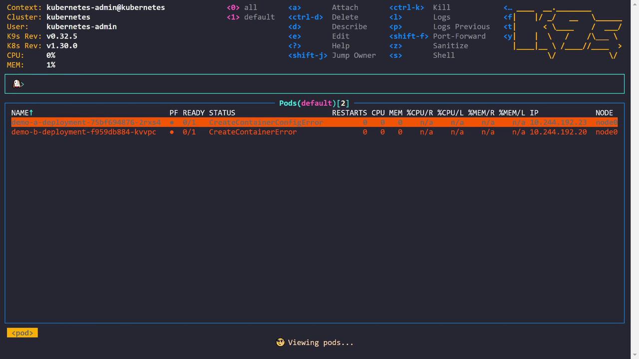 The image shows a terminal interface for managing Kubernetes pods using K9s, displaying two pods with errors: "CreateContainerConfigError" and "CreateContainerError."