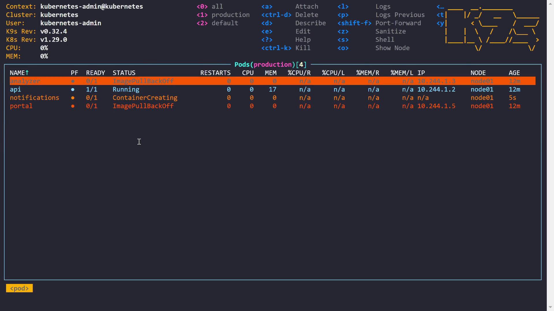 The image shows a terminal interface of K9s, a Kubernetes CLI tool, displaying the status of pods in a cluster. It lists four pods with their readiness, status, restarts, CPU, memory usage, IP, node, and age, highlighting issues like "ImagePullBackOff" and "ContainerCreating."