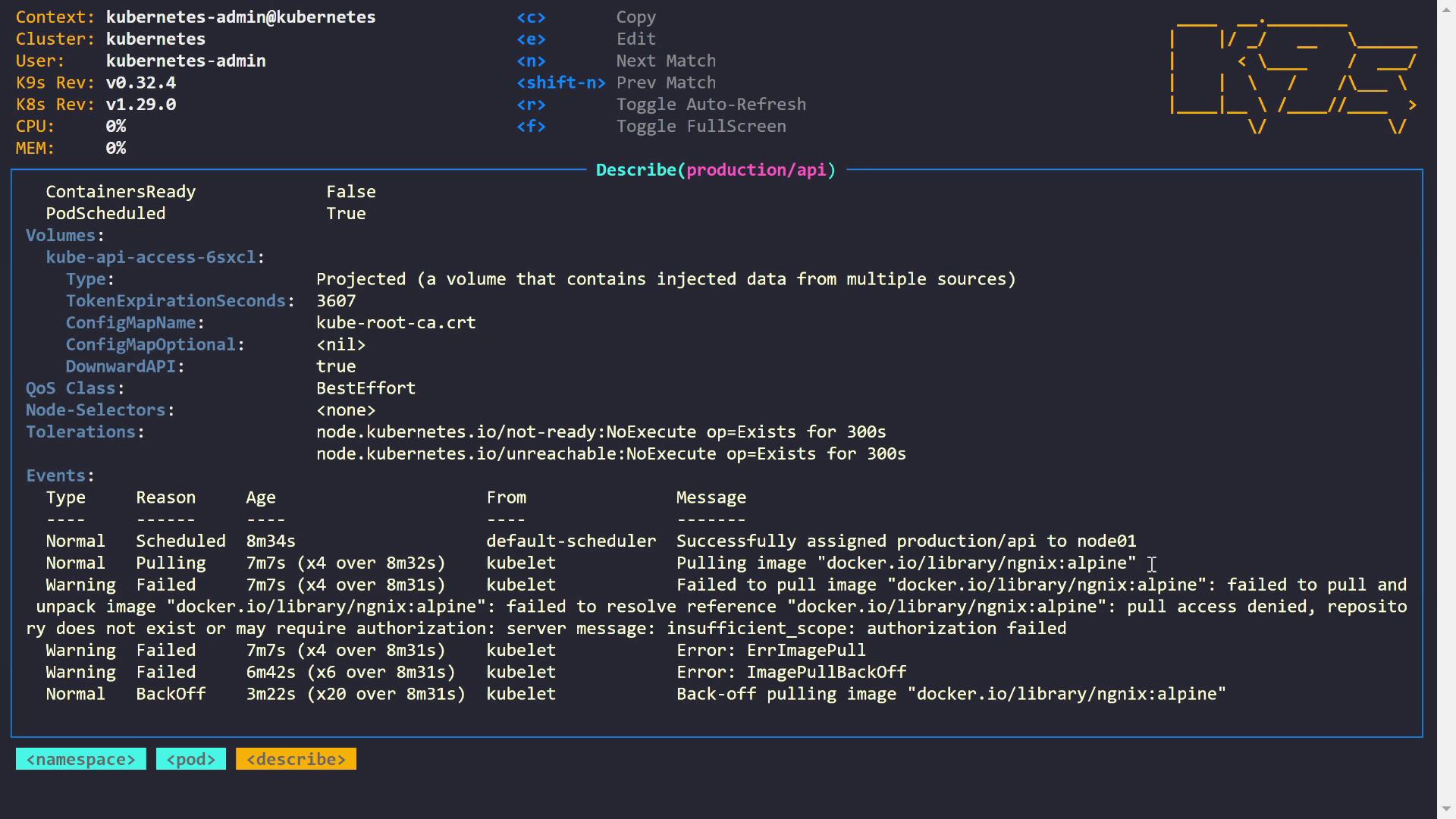 The image shows a terminal interface displaying Kubernetes pod details, including container readiness, pod scheduling, volume information, and event logs related to image pulling errors.