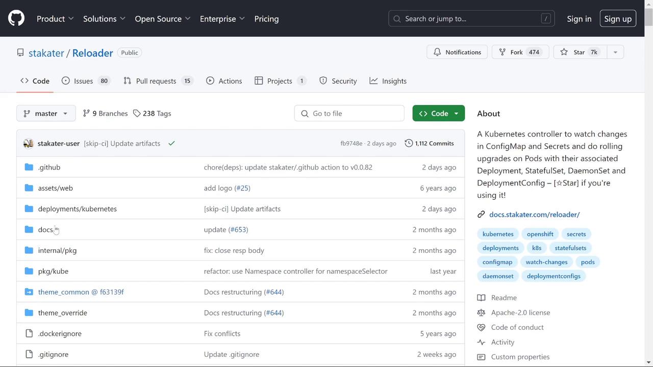 The image shows a GitHub repository page for "stakater/Reloader," displaying the file structure, recent commits, and a brief description of the project. The repository is a Kubernetes controller for managing ConfigMap and Secrets changes.