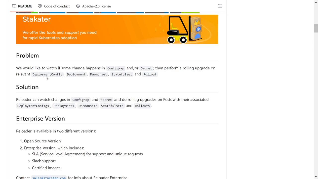 The image shows a webpage from Stakater discussing a tool for Kubernetes that performs rolling upgrades when changes occur in ConfigMap or Secret. It outlines the problem, solution, and offers an enterprise version with additional support features.