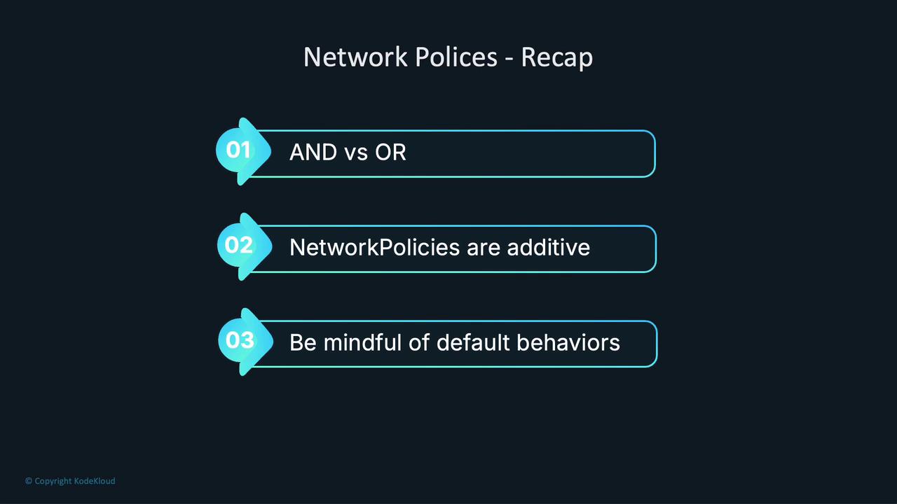 The image is a recap of network policies, highlighting three points: "AND vs OR," "NetworkPolicies are additive," and "Be mindful of default behaviors."