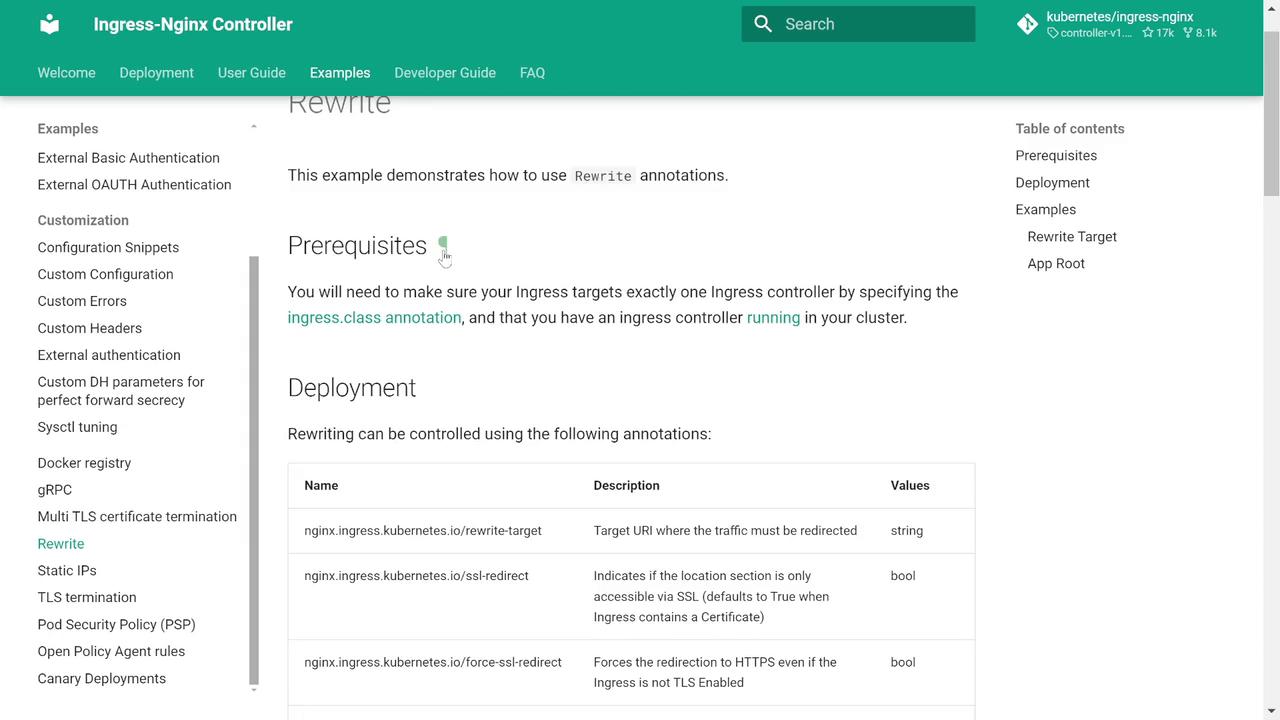 The image shows a webpage from the Ingress-Nginx Controller documentation, specifically focusing on rewrite annotations. It includes sections on prerequisites and deployment, with a table listing annotation names, descriptions, and values.