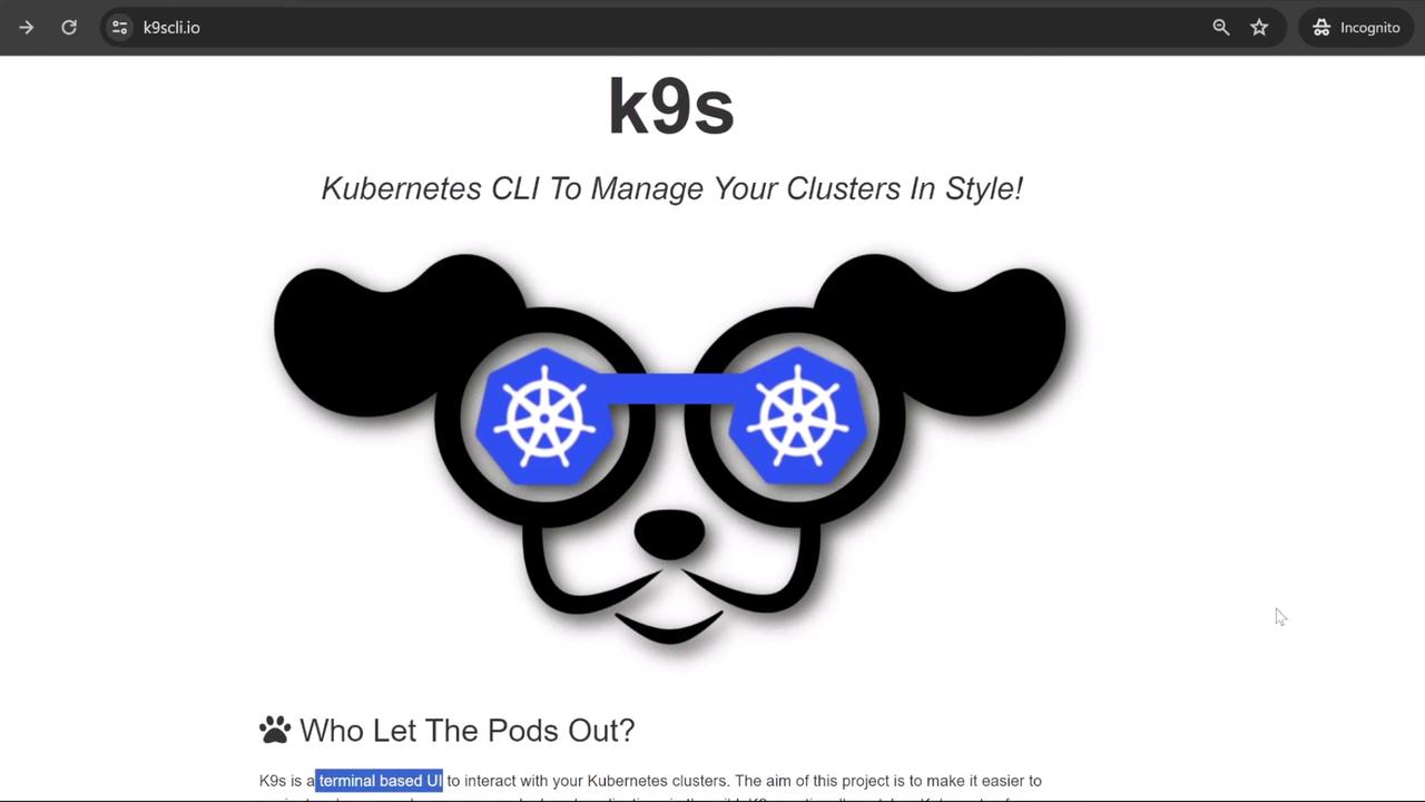 The image shows a stylized dog face with Kubernetes logos as glasses, promoting "k9s," a Kubernetes CLI tool. The text includes a playful tagline, "Who Let The Pods Out?"