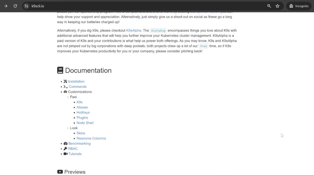 The image shows a webpage from k9scli.io featuring a section on documentation with links to installation, commands, customizations, benchmarking, RBAC, and tutorials.