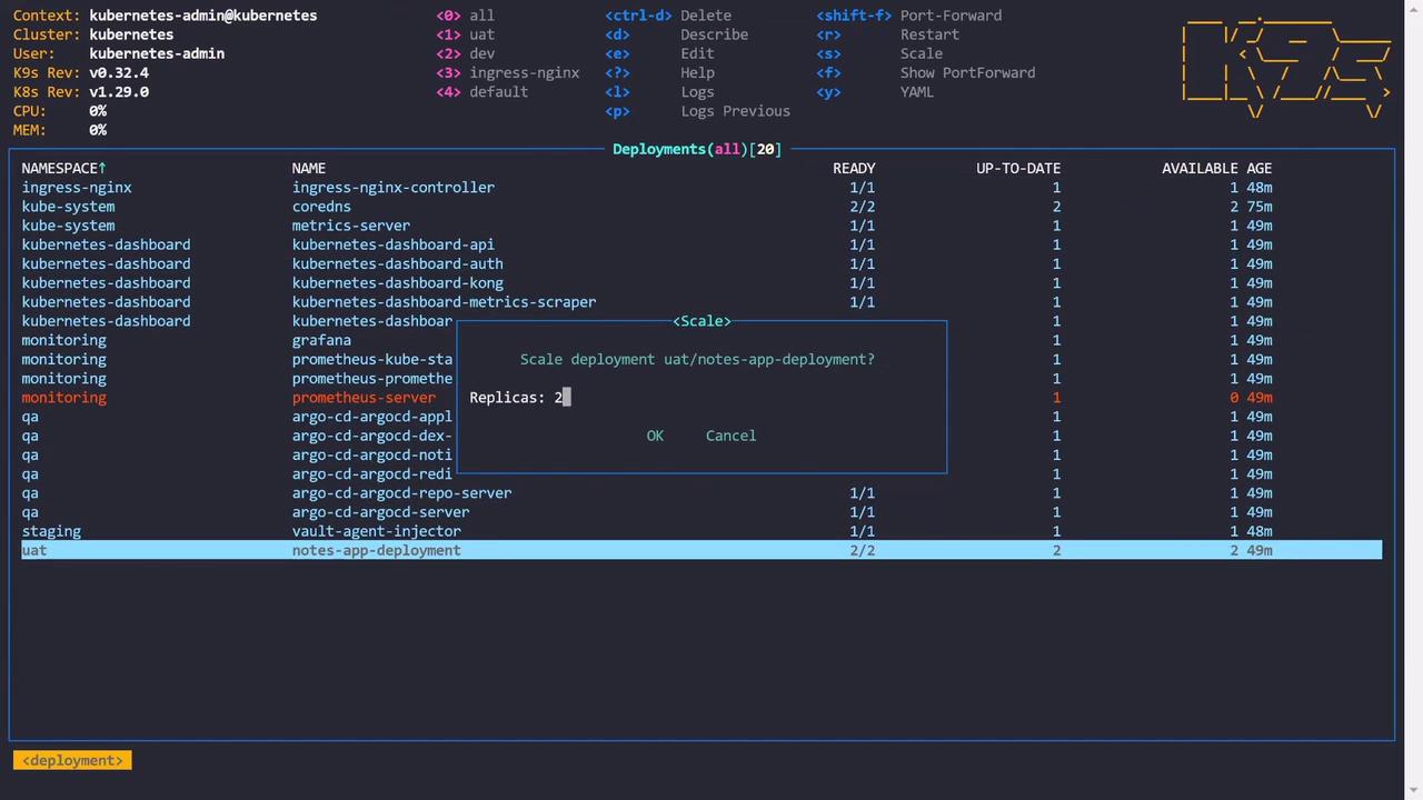 The image shows a Kubernetes dashboard interface displaying various deployments and their statuses, with a pop-up window for scaling a specific deployment.