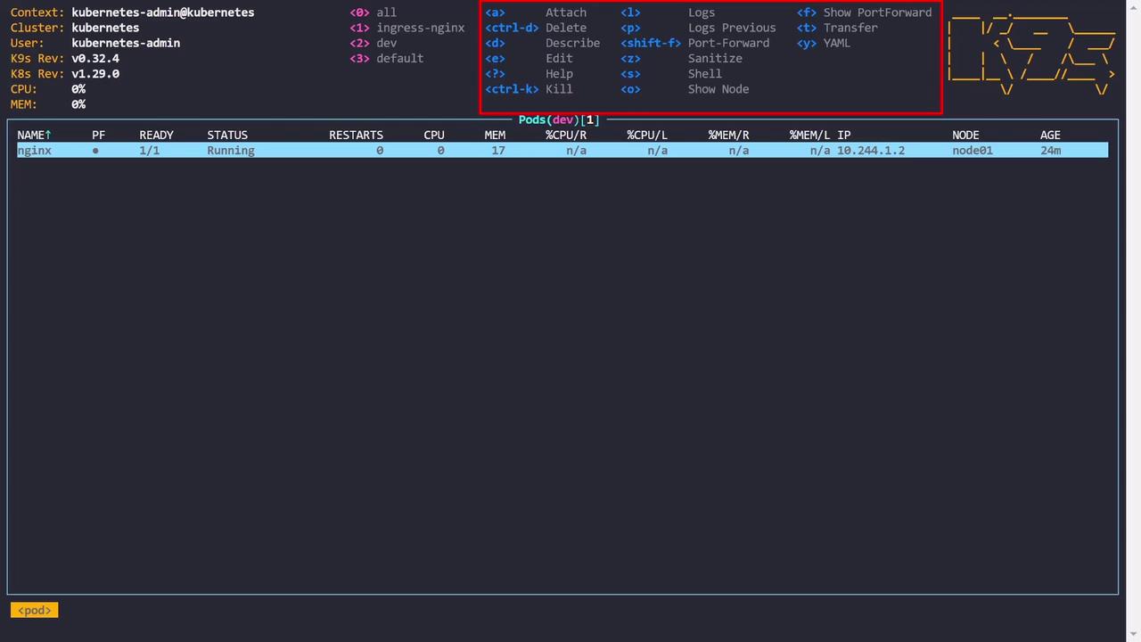The image shows a terminal interface for managing Kubernetes pods, displaying details about a running "nginx" pod, including its status, CPU, memory usage, and node information. It also includes a list of keyboard shortcuts for various actions.