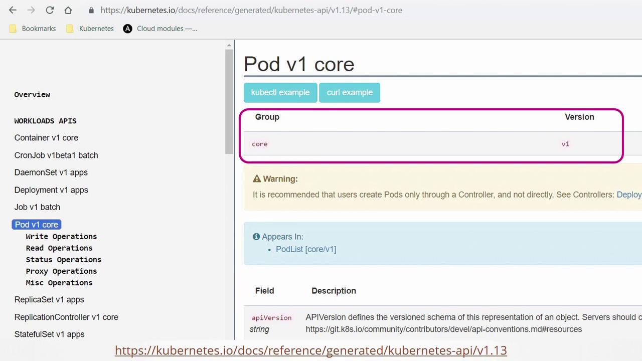 The image shows a webpage from Kubernetes documentation detailing the "Pod v1 core" API, including group, version, and a warning about creating Pods through a Controller.