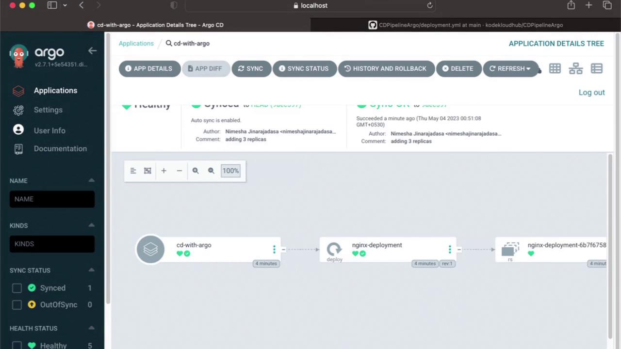The image shows an Argo CD interface displaying application deployment details, including a visual workflow of a "cd-with-argo" application and an "nginx-deployment."